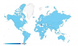 Χάρτης της Google που με γαλάζιο χρώμα αποτυπώνει τις χώρες από τις οποίες επισκέπτονται χρήστες του διαδικτύου, την ιστοσελία των "Χ.ν." 