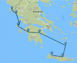 Χάρτης της διαδρομής που θα κάνει η ομάδα που συμμετέχει στο πρόγραμμα "Ανάμεσα στη Γη και στον Ουρανό. Στα Ελληνικά νησιά του Ομήρου"