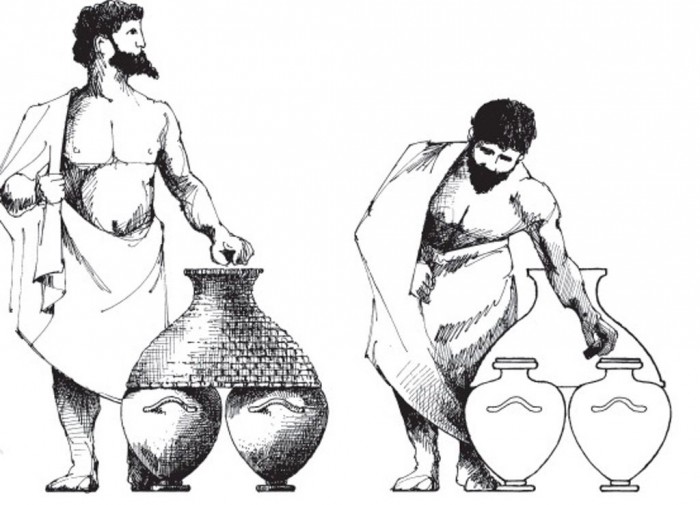 Αναπαράσταση καλπών και καλύμματος (κημός), σκίτσο του P. Langmuir. Πηγή εικόνας: Boegehold A., The Lawcourts at Athens, Athenian Agora, vol. 28, Princeton 1995, σελ. 29, εικ.1.