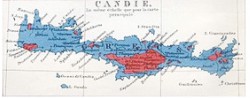 Εθνολογικός χάρτης της Κρήτης το 1861. Τούρκικος πληθυσμός με κόκκινα, Ελληνικός πληθυσμός με μπλε